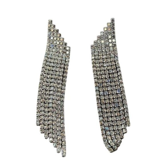 Vintage Swarovski Crystal Fringe Earrings Silver Tone 3 Inch Drop Statement NOS - Picture 2 of 4
